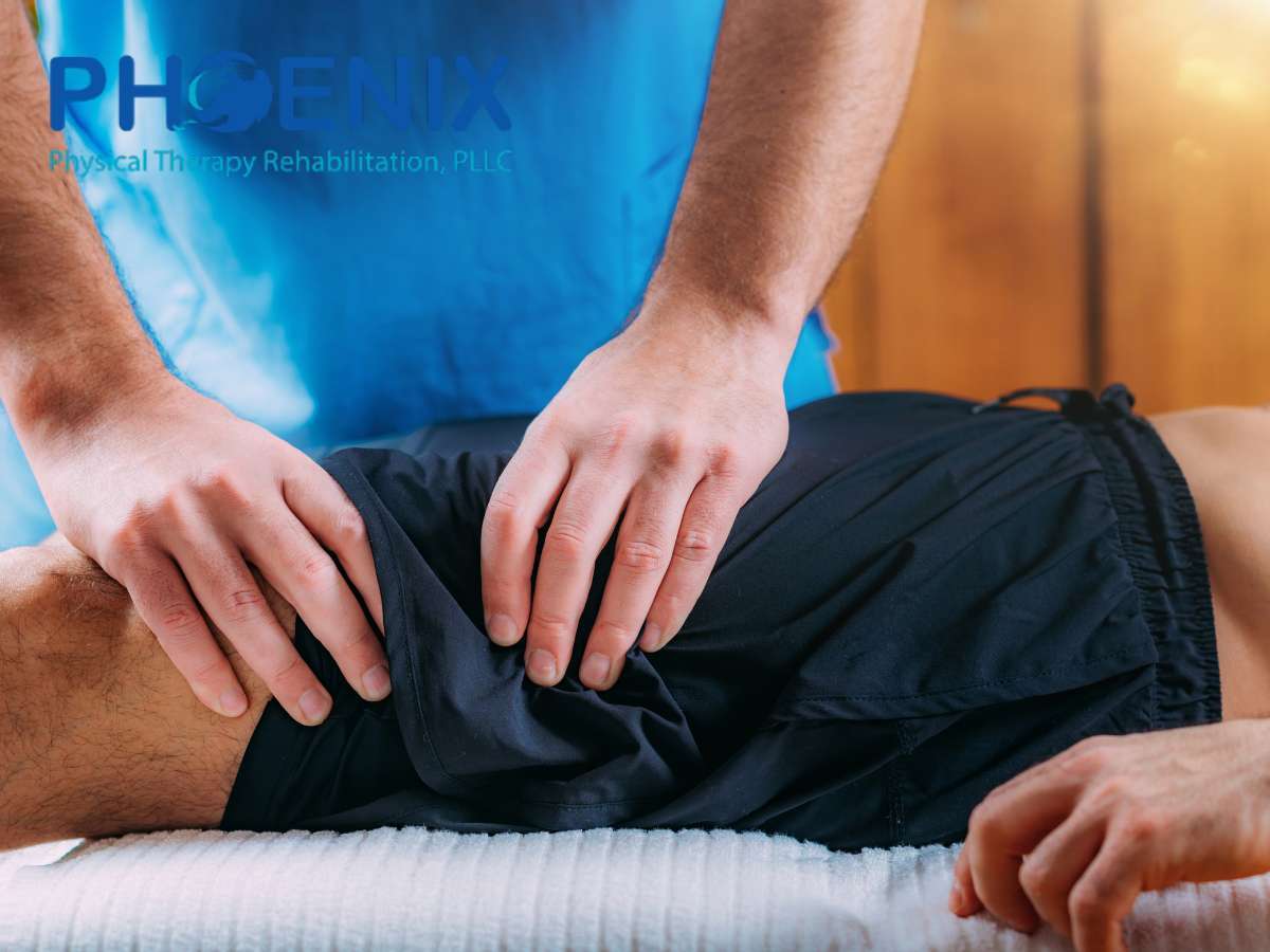 Physical therapist performing a knee examination on a patient in a clinic, symbolizing ergonomic care for remote work professionals.