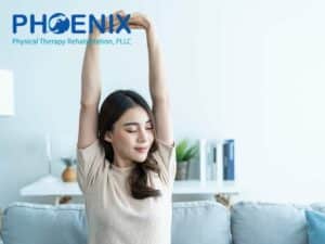 Relaxed woman practicing stretching to relieve pain at home, promoting wellness and flexibility