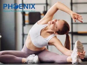 Relaxed woman practicing stretching to relieve pain at home, promoting wellness and flexibility