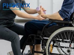 Physical therapy treatment for Multiple Sclerosis, showing a therapist assisting a patient in a wheelchair with arm strengthening exercises.